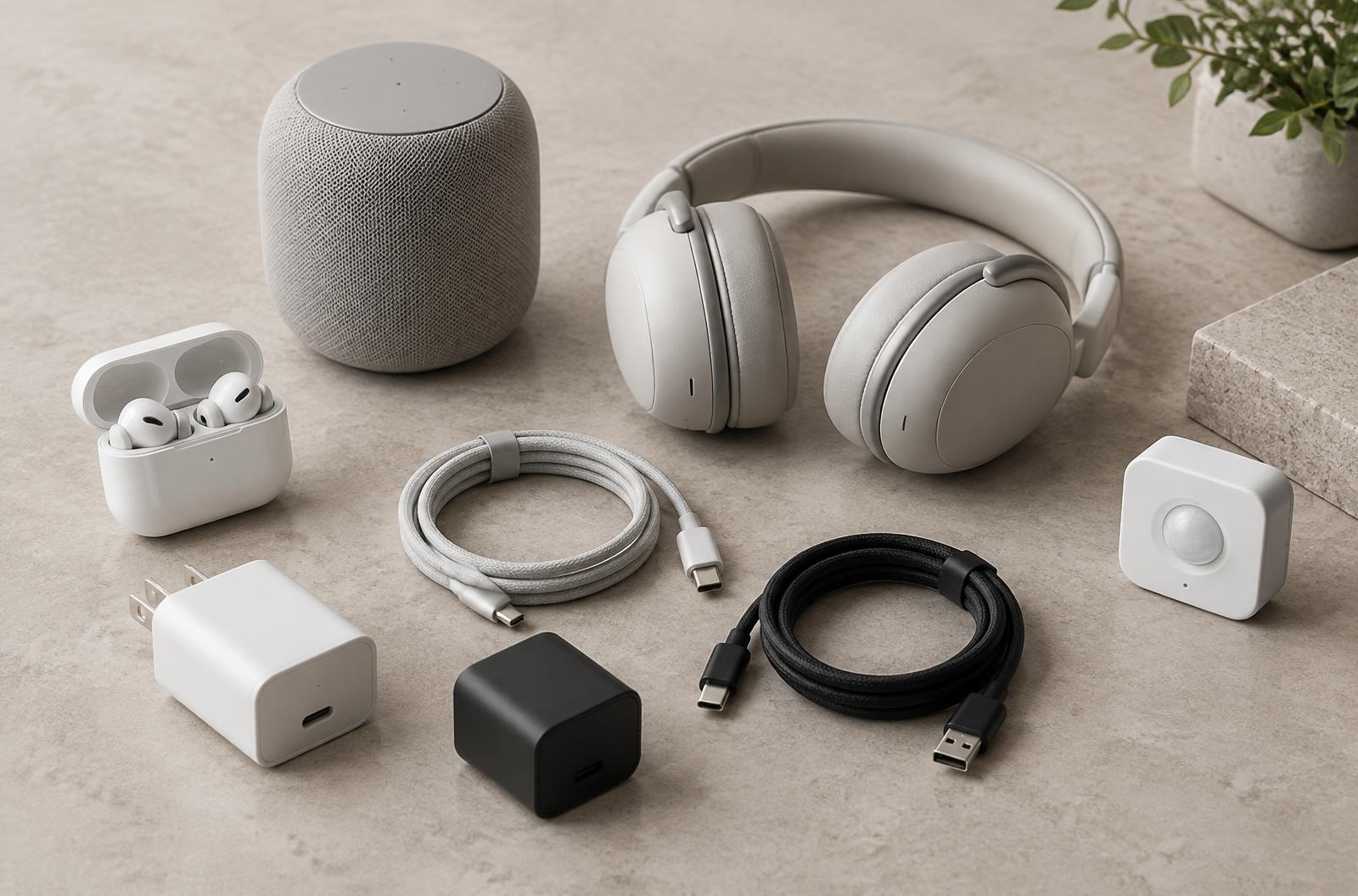 Smart speaker, headphones, earbuds, charging adapters, cables, and a motion sensor
