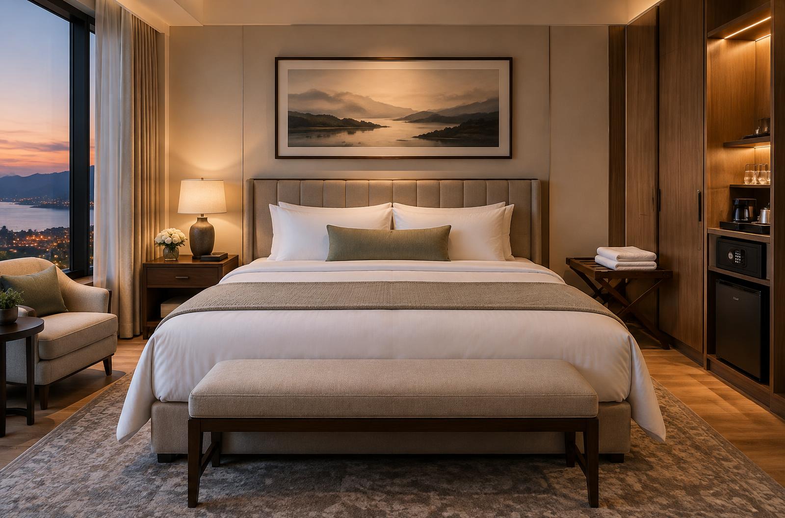 Hotel guestroom with king bed, nightstand lamp, luggage rack, safe, and minibar