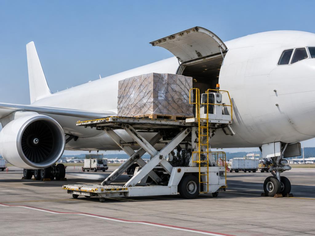Shrink-wrapped cargo pallet lifted to the open cargo door of a freight aircraft