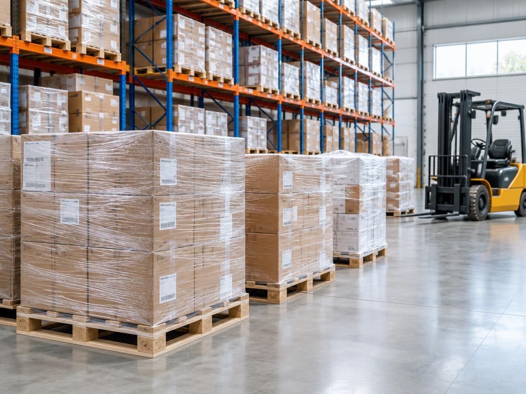 Palletized cartons consolidated in an orderly warehouse with storage racks and a forklift