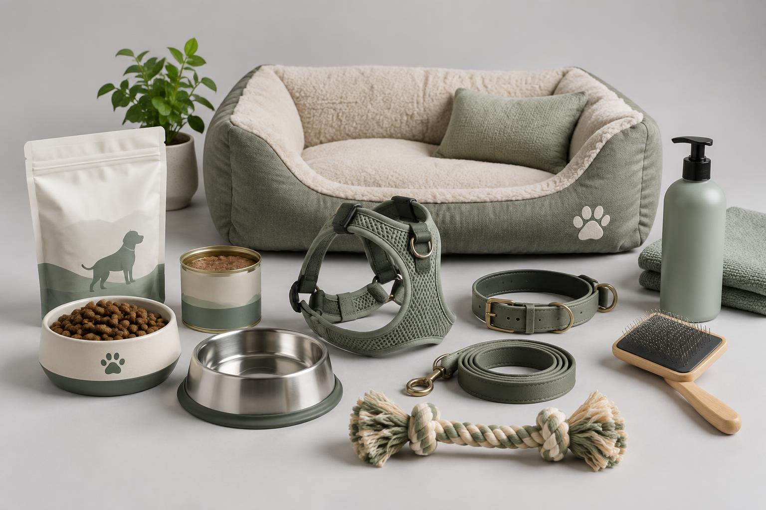 Bolster pet bed, harness, collar and leash, ceramic and stainless bowls, dry and wet food, grooming brush, shampoo and rope toy