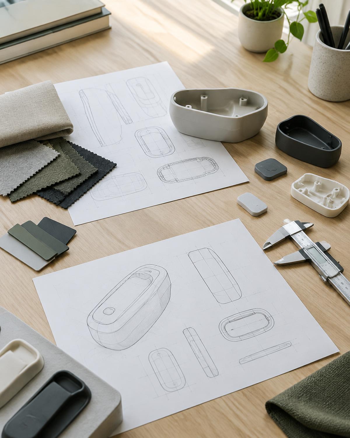 Product development sketches, prototypes, and fabric swatches