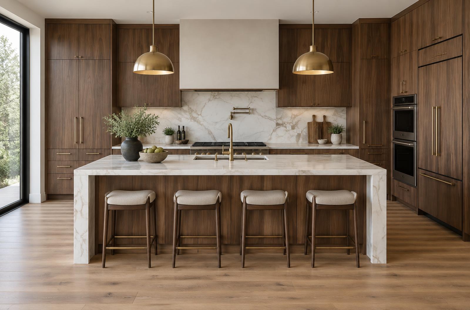 Kitchen with built-in wall ovens and integrated refrigeration