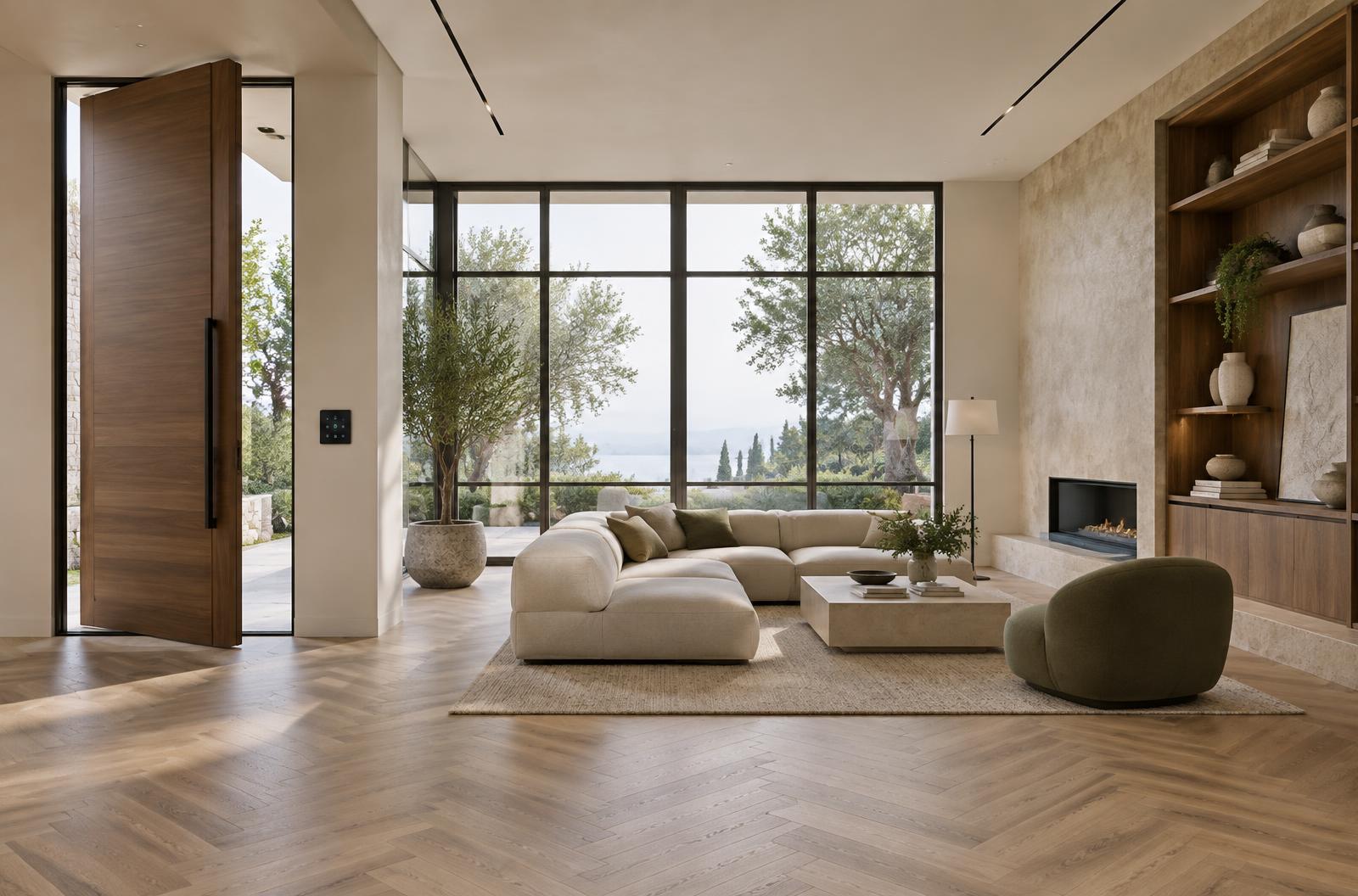 Living space with pivot door, steel-framed windows, and herringbone floor
