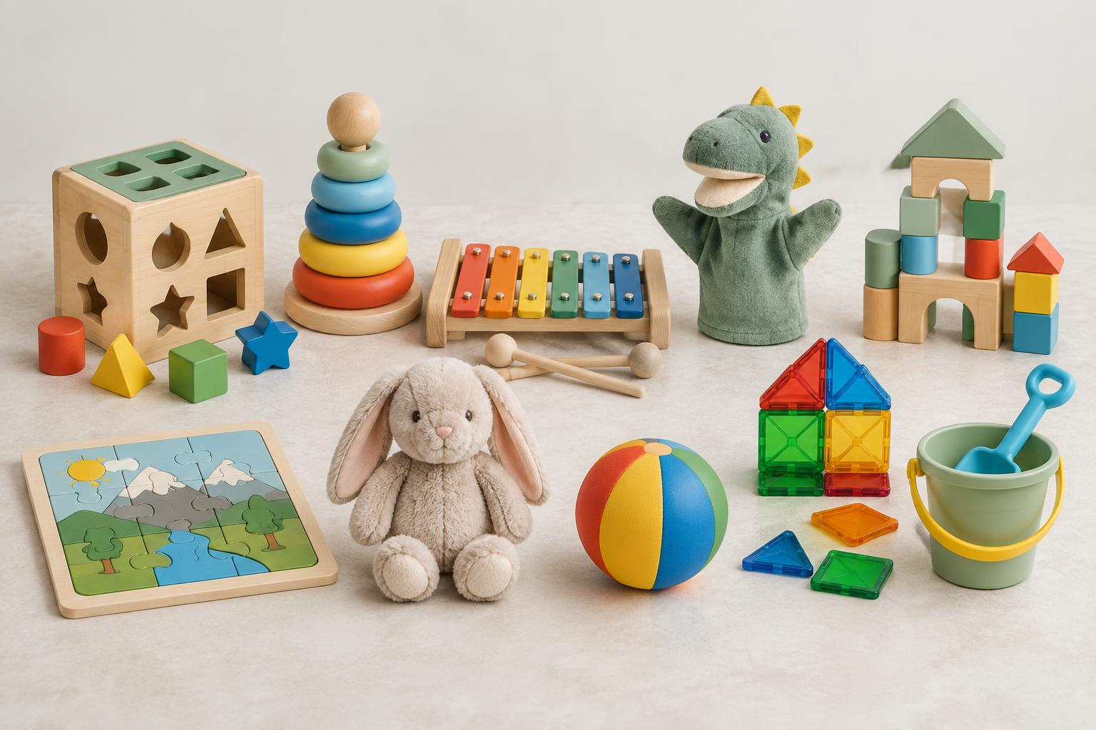 Wooden shape sorter, stacking rings and xylophone, jigsaw puzzle, dinosaur puppet, building blocks and magnetic tiles, plush rabbit, play ball and sand bucket